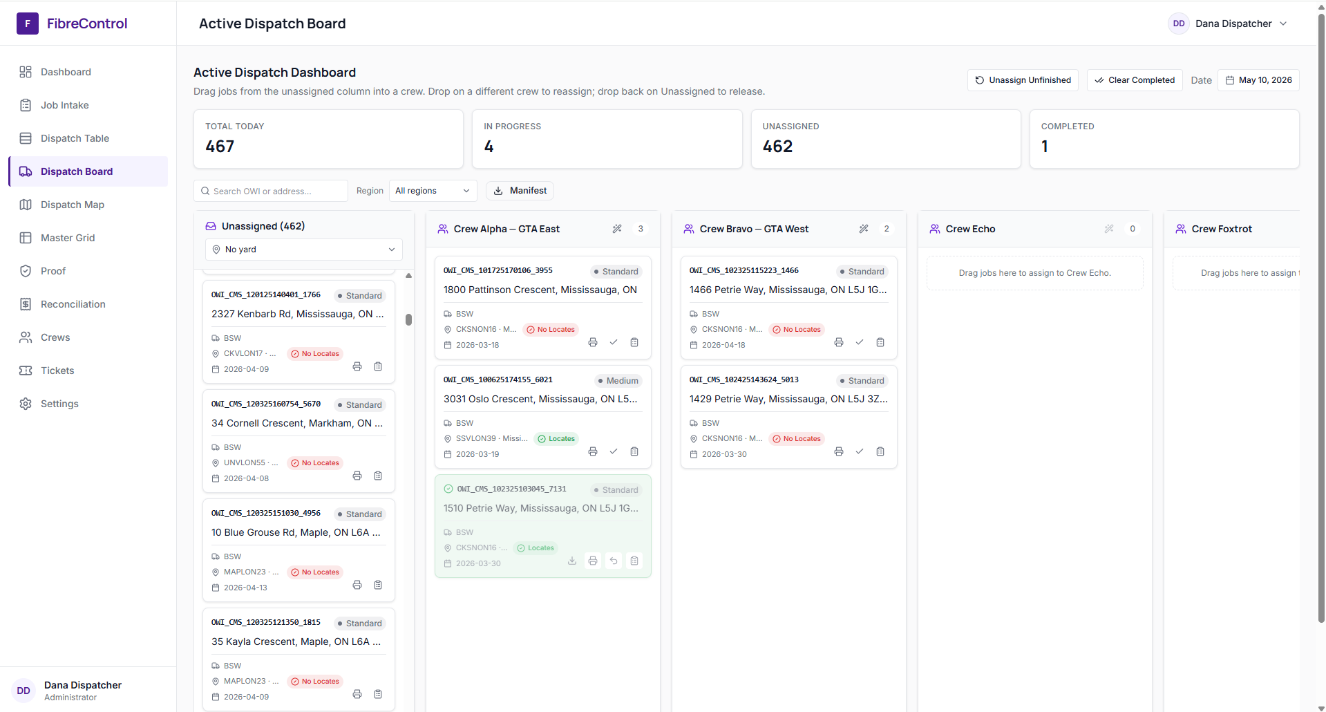 FibreControl dispatch dashboard